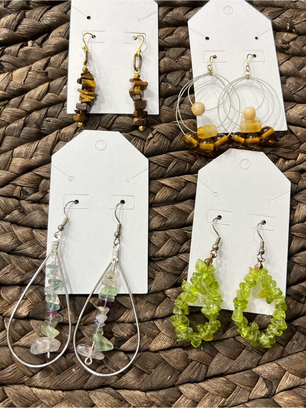 Lot 4 Natural Stone Dangle Earrings Tiger Eye Fluorite Peridot Artisan Boho